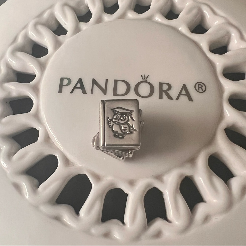COPY - Authentic Pandora charm; Study book stack with owl